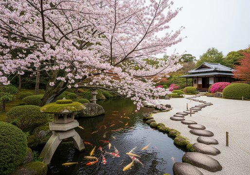 Serene japanese garden with blooming cherry tree, koi pond, stone lantern, and dry landscape path - Powered by Adobe