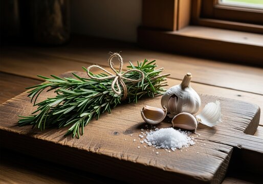 Fresh rosemary bunch tied with twine, garlic, and sea salt on a rustic wooden board - Powered by Adobe
