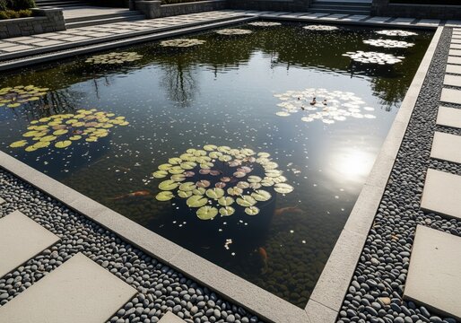 Serene rectangular koi pond with floating lily pads and contemporary stone hardscaping.