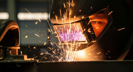 Welder wearing protective helmet during metal welding with intense spark shower