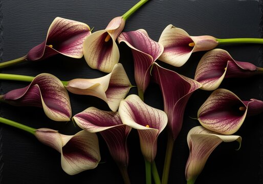 Striking close up of variegated cream and deep maroon calla lilies on black slate
