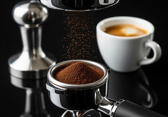 Fresh ground coffee powder falling into espresso portafilter with tamper and cup