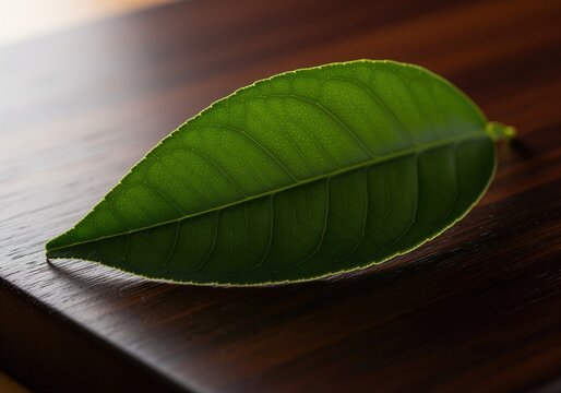 Vibrant green leaf macro detail showing intricate venation on a dark wood surface - Powered by Adobe