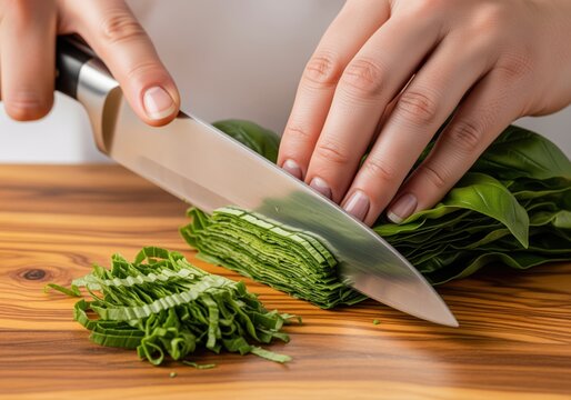 Close up of woman hands slicing fresh green spinach leaves with a sharp knife on a wooden cutting board. - Powered by Adobe