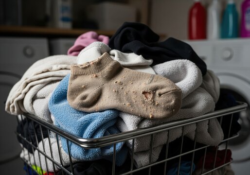 Worn out sock with a hole resting on a pile of dirty laundry in a metal basket.