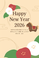 午年　馬年　年賀状テンプレート　ツバキと干支置物