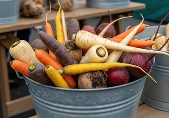 Vibrant multicolored root vegetables carrots parsnips and beets displayed in a galvanized bucket
