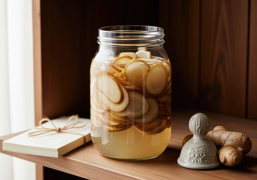 Glass jar filled with thinly sliced burdock root preserved in brine on a wooden shelf