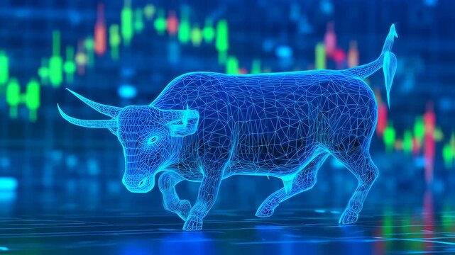A digital bull composed of blue lines overlays a chart, symbolizing stock market growth