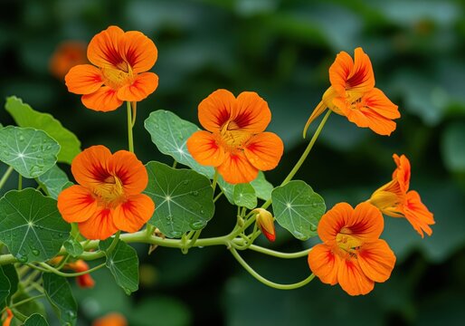 Close up of radiant orange nasturtium flowers and green leaves covered in fresh water droplets