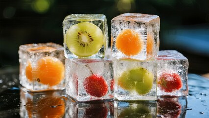 Frozen fruit ice cubes with kiwi, orange, cherry, and grape inside, arranged on a reflective surface