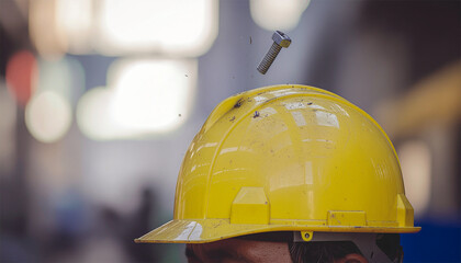 Screw dropping onto yellow hard hat illustrating construction site safety hazard