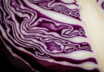 Obraz premium Abstract macro close up of cut red cabbage revealing intricate purple and white layers.