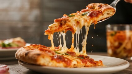 A slice of pizza being lifted, showcasing melted cheese stretching from the main pie on a plate.