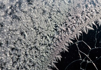 Intricate structure of ice crystals and frost forming over dark cracked glass surface