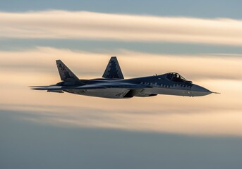 Contemporary fifth generation fighter jet soaring through the golden sunset sky