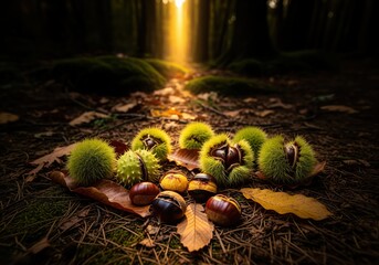 Autumn harvest of fresh chestnuts and spiky green husks lying on the dark forest ground
