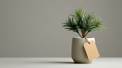 A minimalist still life featuring a small potted plant with slender green leaves and a blank label, against a neutral backdrop