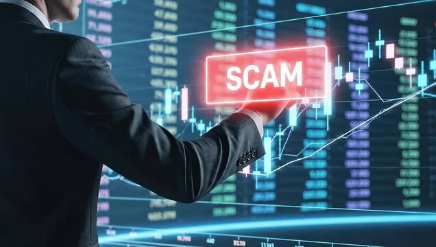 Financial fraud alert - Businessman pointing at a scam warning on a stock chart.