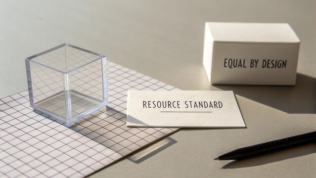 Clear cube on grid paper with business card, resource standard concept, equal by design, minimalist workspace arrangement