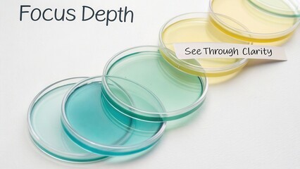 Clear Petri Dishes with Colored Liquid Showcasing Focus Depth and See-Through Clarity for Science and Education Purposes