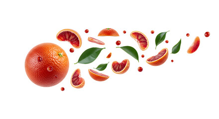 Fresh Blood Orange Slices and Leaves Cascading in a Dynamic and Refreshing Composition
