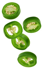 flying vibrant green jalapeno chili pepper slices isolated on a dramatic transparent background,...