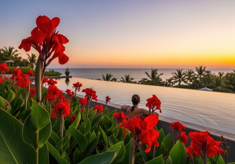 Vibrant red tropical flowers frame a woman relaxing in an infinity pool at sunset