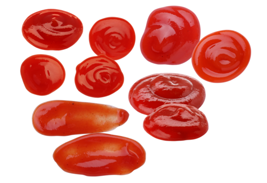 high-contrast photograph of various red tomato ketchup or sauce dollops and smears dramatically isolated on a solid transparent background.