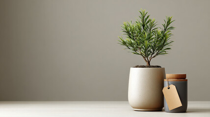 A minimalist still life featuring a small potted plant with slender green leaves and a blank label, against a neutral backdrop