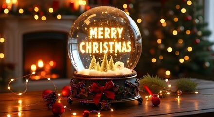 Illuminated merry christmas snow globe with christmas tree and fireplace in the background scene