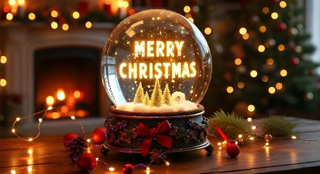 Illuminated merry christmas snow globe with christmas tree and fireplace in the background scene