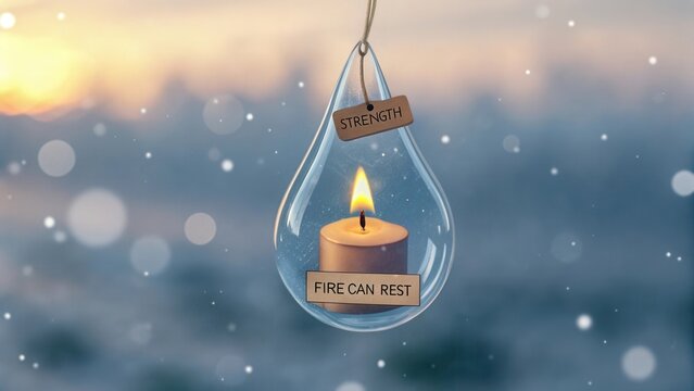 Candle in Glass Ornament with Inspirational Tags for Relaxation and Serenity in Soft Blurred Background
