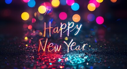 Obraz premium Happy new year text with colorful bokeh lights and glittery surface creating a festive atmosphere