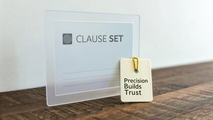 Clear Acrylic Sign and Tag with Text on Wooden Surface for Business Branding and Professional Presentation