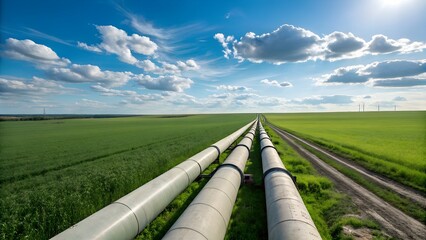 Fototapeta premium Dramatic pipeline stretches across vibrant green fields under a bright blue sky with wispy clouds ideal for infrastructure projects