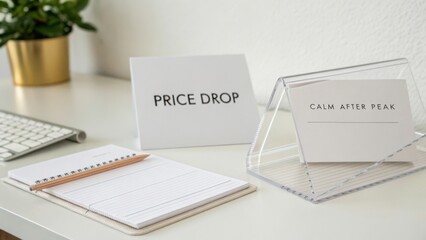 Business desk scene with price drop sign and calm after peak note on a clean workspace with modern office supplies and greenery