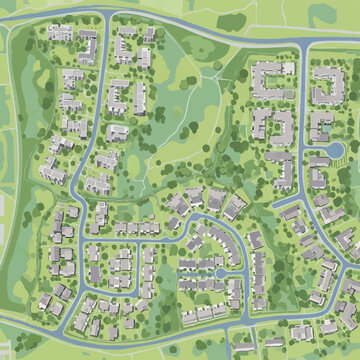 An illustrative aerial view showcases a meticulously planned modern residential community, featuring numerous homes, green spaces, and connecting roads for urban development.