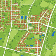 Fototapeta premium An intricate bird's-eye perspective displays a modern, green suburban development, complete with residential buildings, interconnected roads, and natural landscapes.