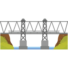 Pixel Art Railway Bridge Spanning Over Blue Water With Green Grassy Banks And Brown Earth Under Clear Sky