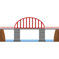 Pixel Art Red Arch Bridge Spanning Blue Water With Gray Stone Supports On Brown Earth Banks Isolated On White Background