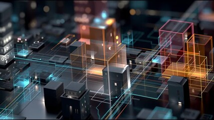 Transformation architecture digital ecosystem. Data strategy. System integration technology. Futuristic digital cityscape with illuminated structures and networks. - Powered by Adobe