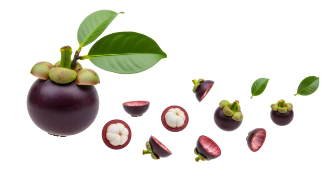 Fresh whole mangosteen fruit with green leaves, accompanied by several halved mangosteens displaying their juicy white pulp, all isolated on a pristine white background