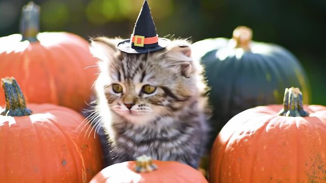 Adorable Fluffy Kitten Wearing a Witch Hat for Halloween.
