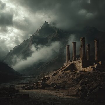 Dramatic ancient ruins with towe columns set against a misty mountainous landscape under stormy dark clouds