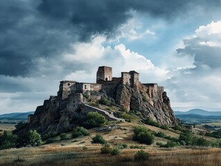 Fototapeta premium Ancient medieval castle ruins situated on a rugged hilltop under a dramatic cloudy sky du daytime