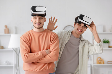 Young brothers with VR glasses at home