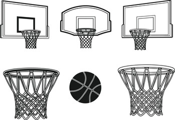 Basketball hoop icon set, sport equipment vector collection, ball game net symbol, outline backboard design, rim illustration, athletic competition sign, isolated black white sketch. © MdAminur