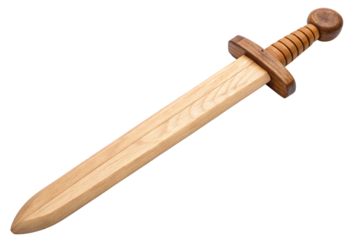 Wooden Sword: A close-up shot of a meticulously crafted wooden sword, showcasing the natural grain of the wood, its smooth, polished surface, and classic design.