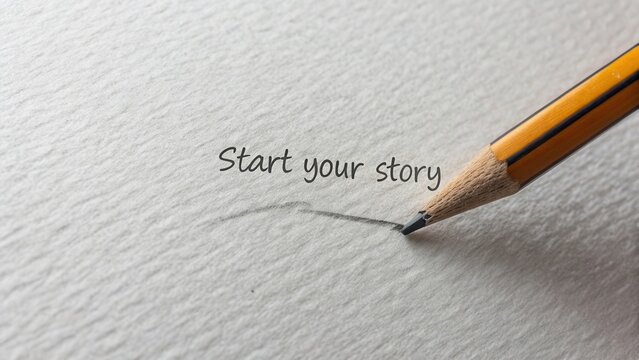 A close-up of a sharpened pencil poised above a textured paper with the inspirational phrase, Start Your Story, waiting for creativity.